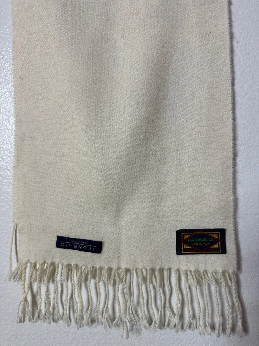 Vintage Monsieur Givenchy Ivory 100% Cashmere Scarf Made in Italy 12”x 50” Long